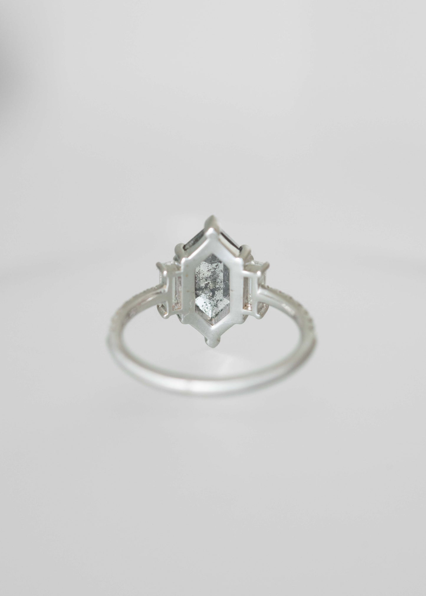Accented Solitaire | 1.55 Elongated Hexagon Salt and Pepper Diamond | 18k White Gold