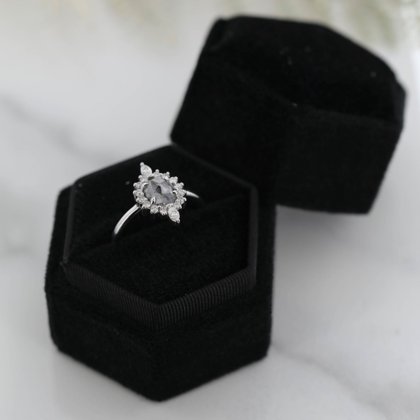 The Calisto | 14k | White | Size 6.5 | Stone Moissanite | Round | 7mm | Black Ring Box | Custom Engraving: +$0