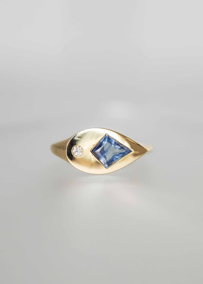kite sapphire engagement ring, 14K yellow gold statement ring, modern bezel engagement ring, unique alternative bridal jewelry, geometric engagement ring, sculptural sapphire ring, ethical gemstone ring, asymmetrical engagement ring