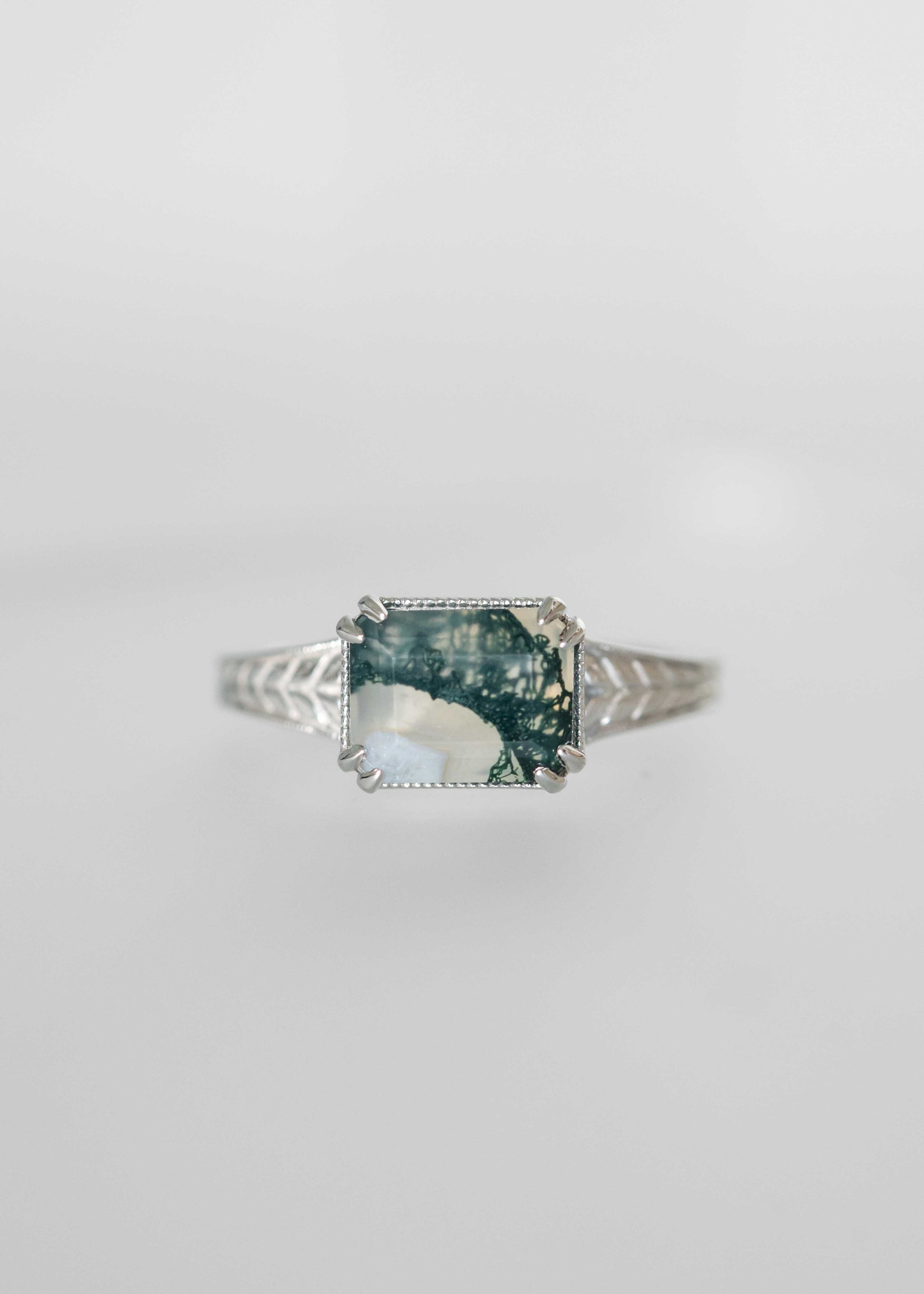 emerald cut moss agate ring, botanical engagement ring, white gold moss agate ring, The Sage setting, wheat engraved ring, vintage moss agate ring, ethical gemstone ring, alternative bridal jewelry, nature inspired engagement ring
