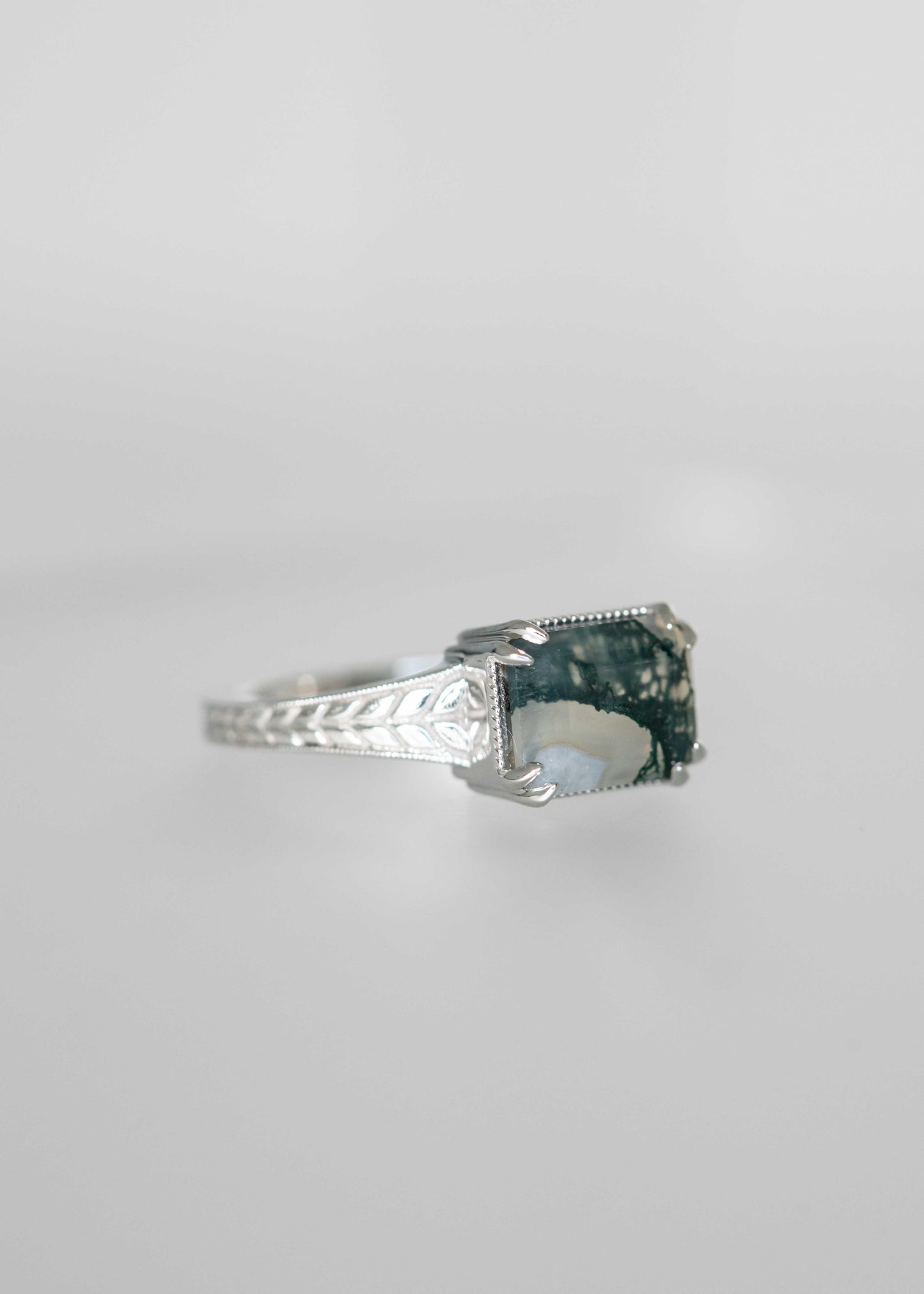 The Sage | 2.17ct Emerald Cut Moss Agate | White Gold