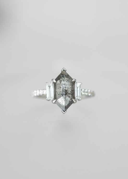 salt and pepper diamond engagement ring, baguette accent ring, 18K white gold solitaire, modern hexagon diamond ring, alternative engagement ring, pave band ring, edgy bridal ring, custom salt and pepper diamond