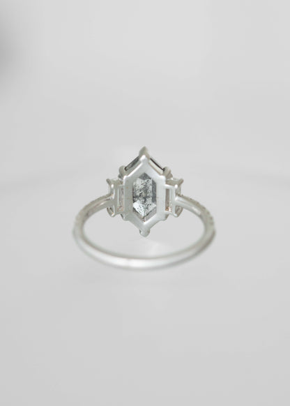 Accented Solitaire | 1.55 Elongated Hexagon Salt and Pepper Diamond | 18k White Gold