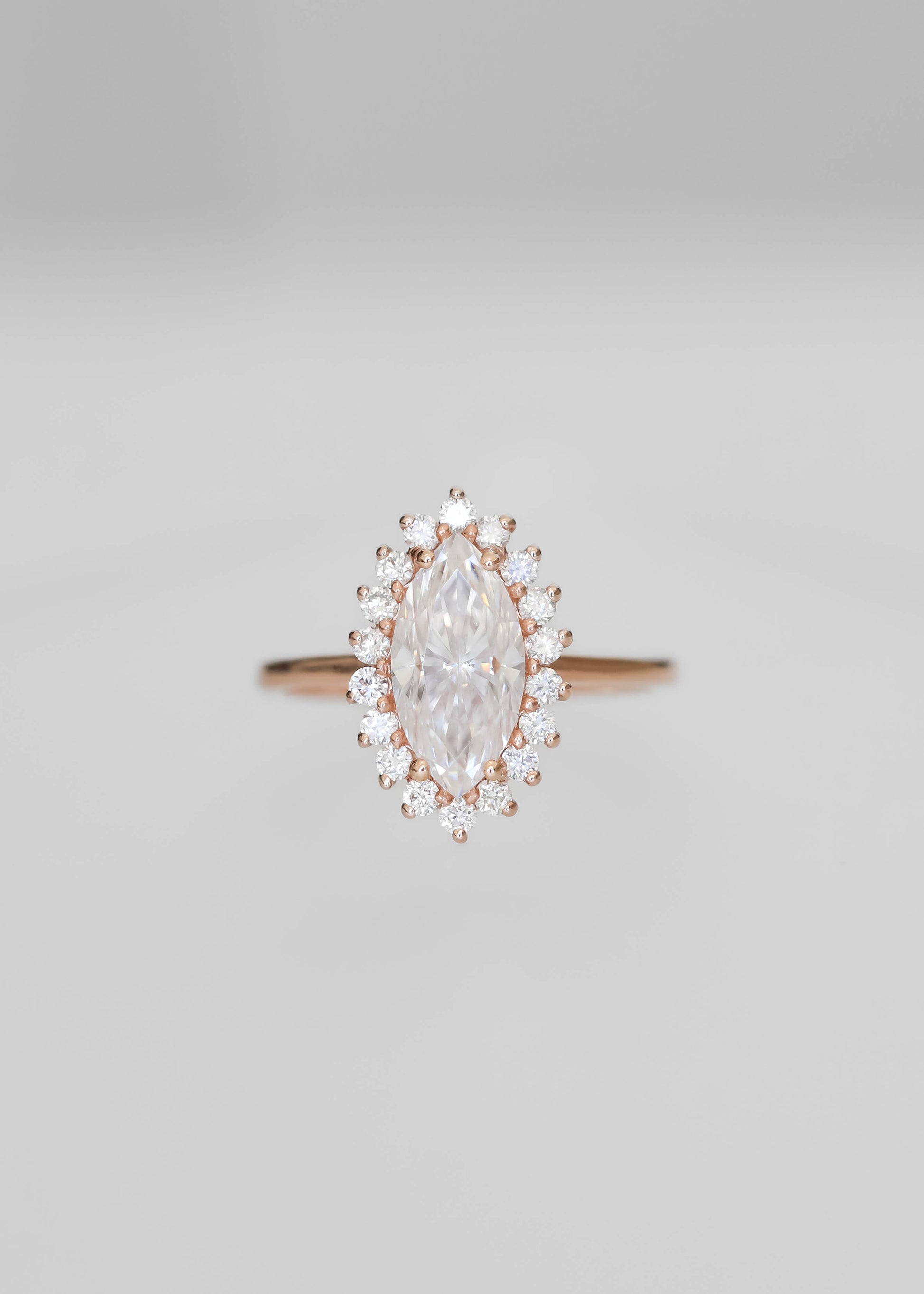 marquise moissanite engagement ring, halo moissanite ring, 14K rose gold engagement ring, vintage-inspired moissanite ring, alternative bridal jewelry, Soleil setting, diamond halo ring, nontraditional engagement ring