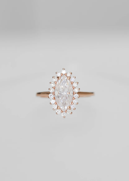 marquise moissanite engagement ring, halo moissanite ring, 14K rose gold engagement ring, vintage-inspired moissanite ring, alternative bridal jewelry, Soleil setting, diamond halo ring, nontraditional engagement ring