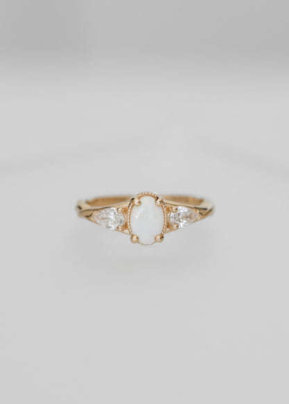 opal engagement ring, Shea setting ring, 14K yellow gold opal ring, minimalist engagement ring, pear diamond accents, vintage-inspired bridal ring, unique gemstone ring, custom opal ring