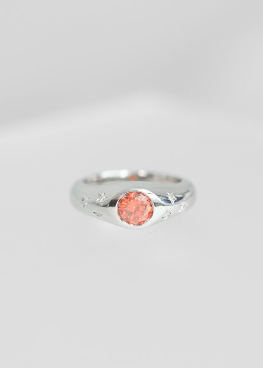 orange moissanite ring, 14k white gold signet ring, celestial star ring, Vulcan setting ring, gender neutral engagement ring, unique moissanite ring, custom signet ring, bold alternative ring