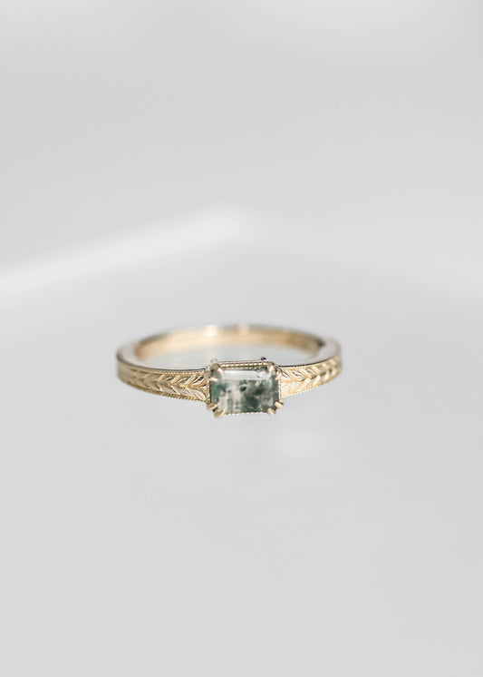 The Sage | .63ct Emerald Cut Moss Agate | Yellow Gold