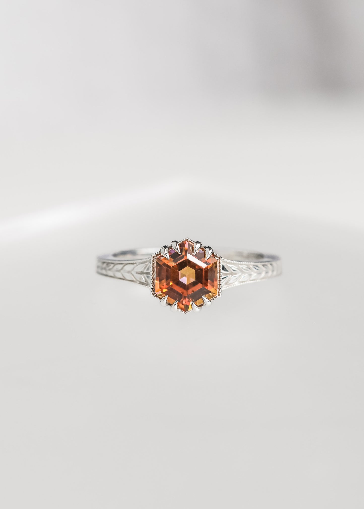 mystic topaz engagement ring, hexagon topaz ring, Sage setting ring, 14k white gold engraved band, geometric gemstone ring, unique engagement ring, gender neutral engagement ring, vintage inspired ring