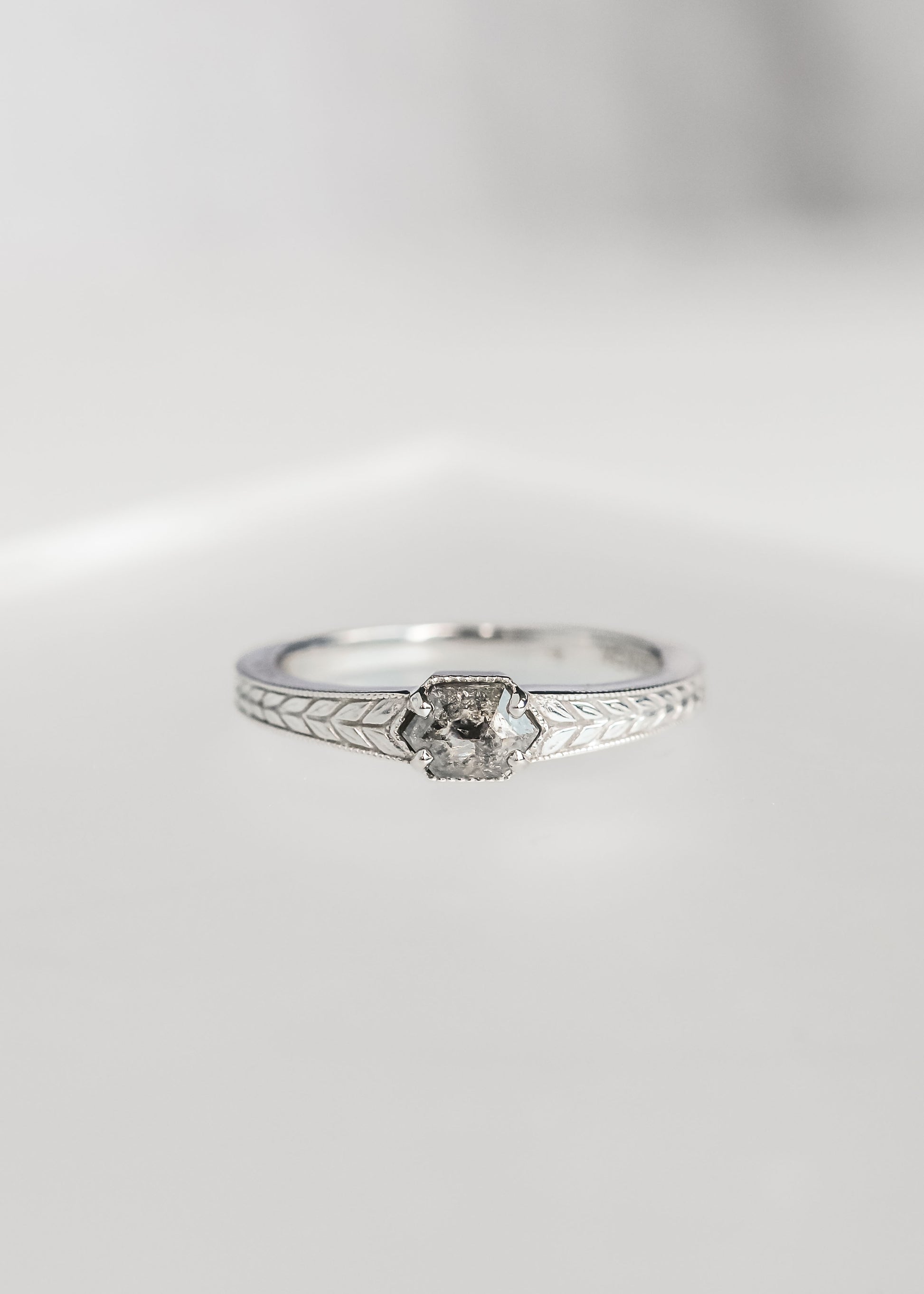 salt and pepper diamond ring, hexagon engagement ring, Sage setting ring, white gold wheat band, unique diamond ring, ethical engagement ring, gender neutral engagement ring, moody diamond ring