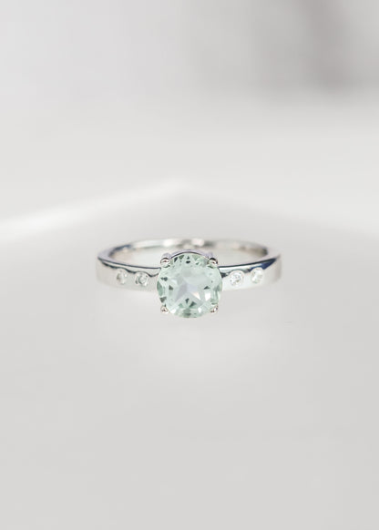 green amethyst engagement ring, round green amethyst, white gold statement ring, Vega setting ring, celestial inspired engagement ring, wide band engagement ring, non traditional engagement ring, gender neutral ring design