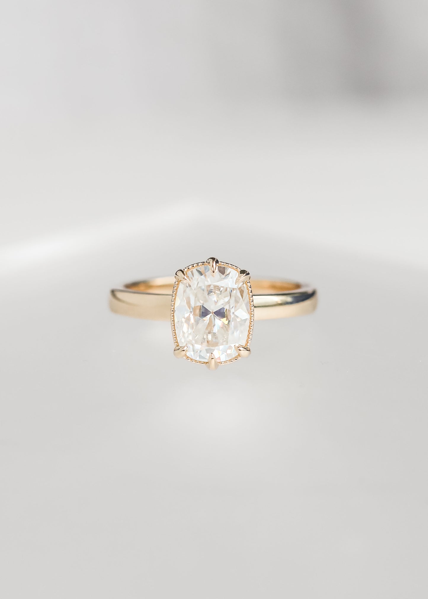 cushion cut moissanite ring, 14k yellow gold engagement ring, elongated cushion ring, Maeve setting ring, ethical moissanite engagement ring, handcrafted engagement ring, minimal engagement ring, modern cushion ring, non traditional engagement ring, gender neutral ring design