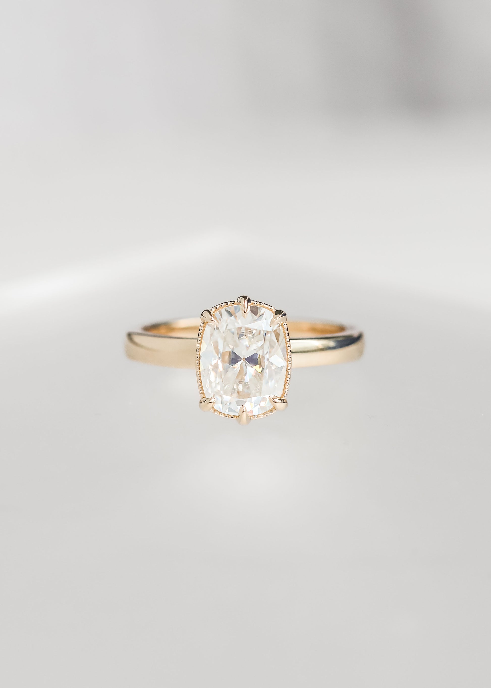 cushion cut moissanite ring, 14k yellow gold engagement ring, elongated cushion ring, Maeve setting ring, ethical moissanite engagement ring, handcrafted engagement ring, minimal engagement ring, modern cushion ring, non traditional engagement ring, gender neutral ring design
