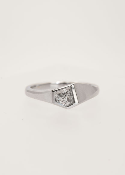 Gender neutral asymmetrical shield cut salt and pepper diamond signet engagement ring in 14K white gold with a full bezel