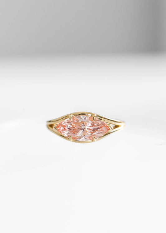pink lab diamond engagement ring, marquise diamond engagement ring, 14k yellow gold engagement ring, Blyth setting ring, pink diamond ring, alternative bridal ring, sculptural engagement ring, lab grown diamond ring