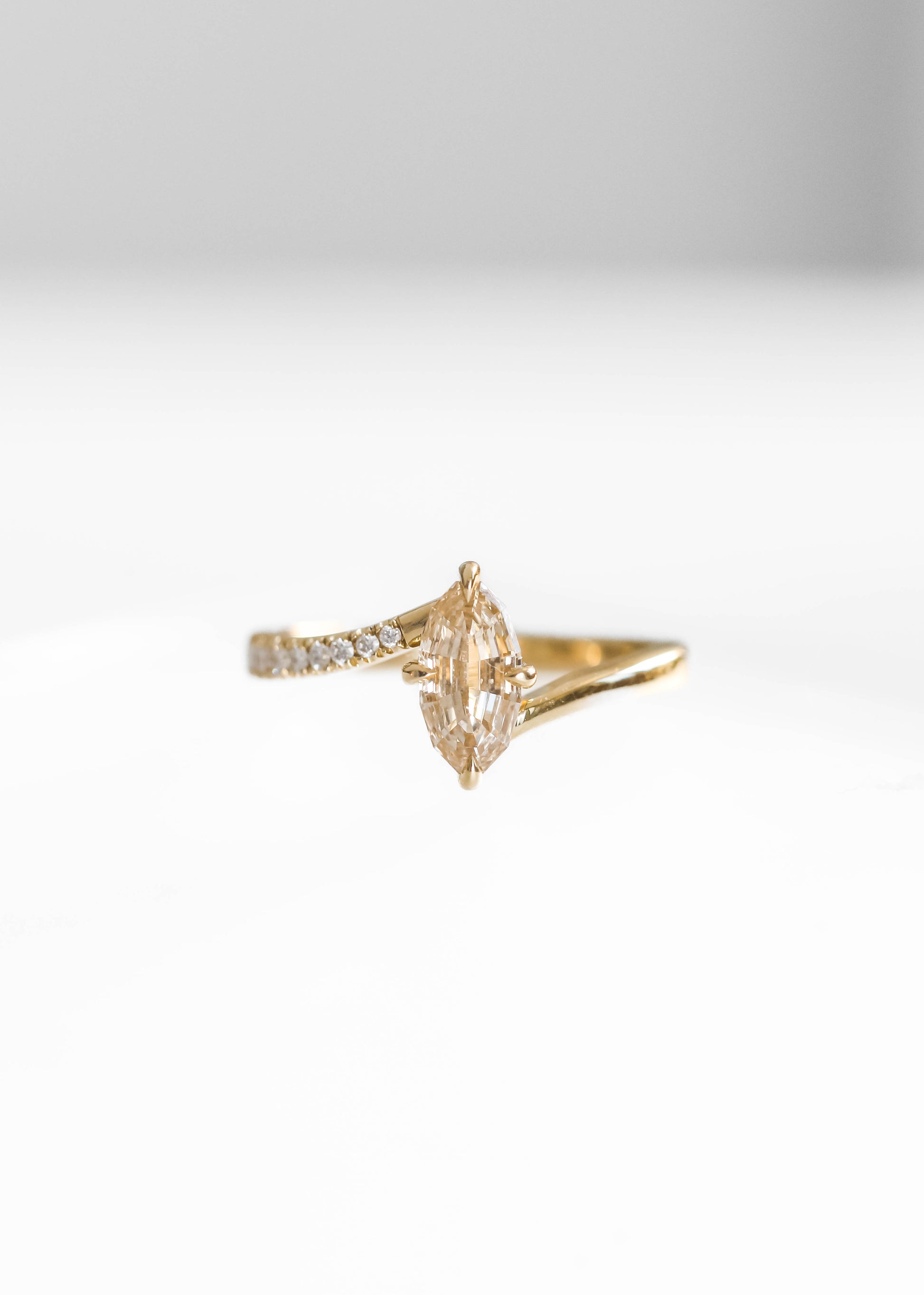 champagne diamond engagement ring, marquise diamond ring, 14k yellow gold engagement ring, Juno setting ring, asymmetrical engagement ring, curved band engagement ring, alternative bridal ring, unique diamond engagement ring