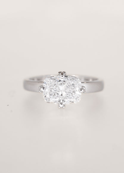 Lavender sprig prong east west elongated cushion lab grown diamond lesbian engagement ring in 14K white gold, pairs with the Greta