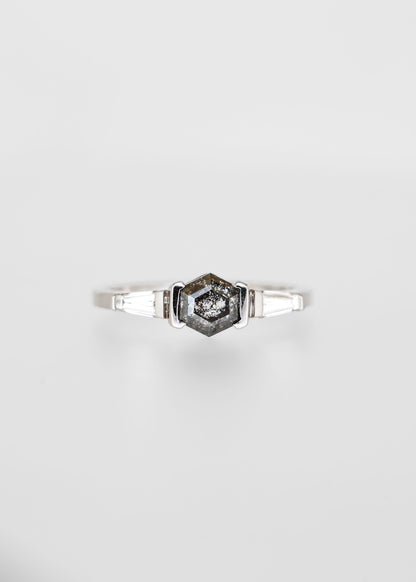 Hexagon salt and pepper diamond engagement ring in 14K white gold with tapered baguette accent stones