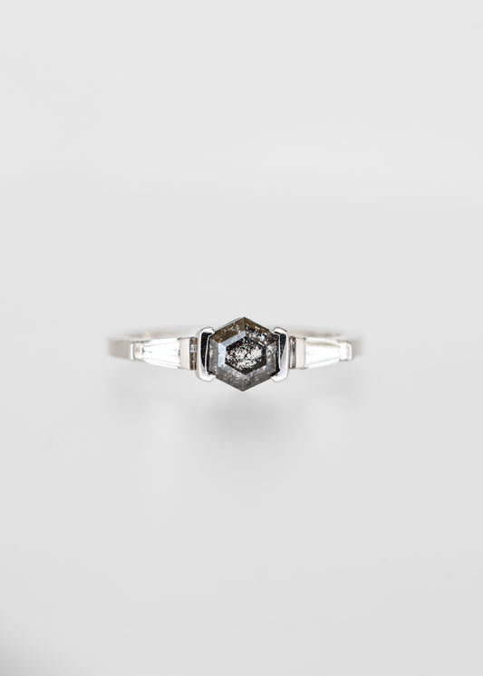 Hexagon salt and pepper diamond engagement ring in 14K white gold with tapered baguette accent stones