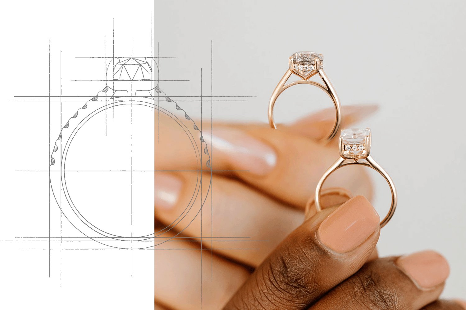 A split image featuring a custom engagement ring design process. On the left, there is a technical sketch of a ring with precise lines and measurements, showcasing the detailed planning stage. On the right, two hands with manicured nails hold two gold engagement rings with clear, radiant stones, highlighting the final, elegant product. The rings have a modern design with delicate prongs and sparkling details, contrasting the draft with the finished craftsmanship.