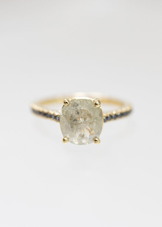 Cushion cut salt and pepper diamond solitaire engagement ring in 14K yellow gold with a black diamond pavé band