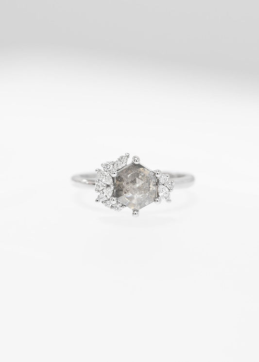 Hexagon cut salt and pepper diamond engagement ring in 14K white gold with an asymmetrical marquise and round diamond cluster