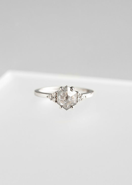 Hexagon cut salt and pepper diamond engagement ring in 14K white gold with delicate three stone diamond clusters on each side