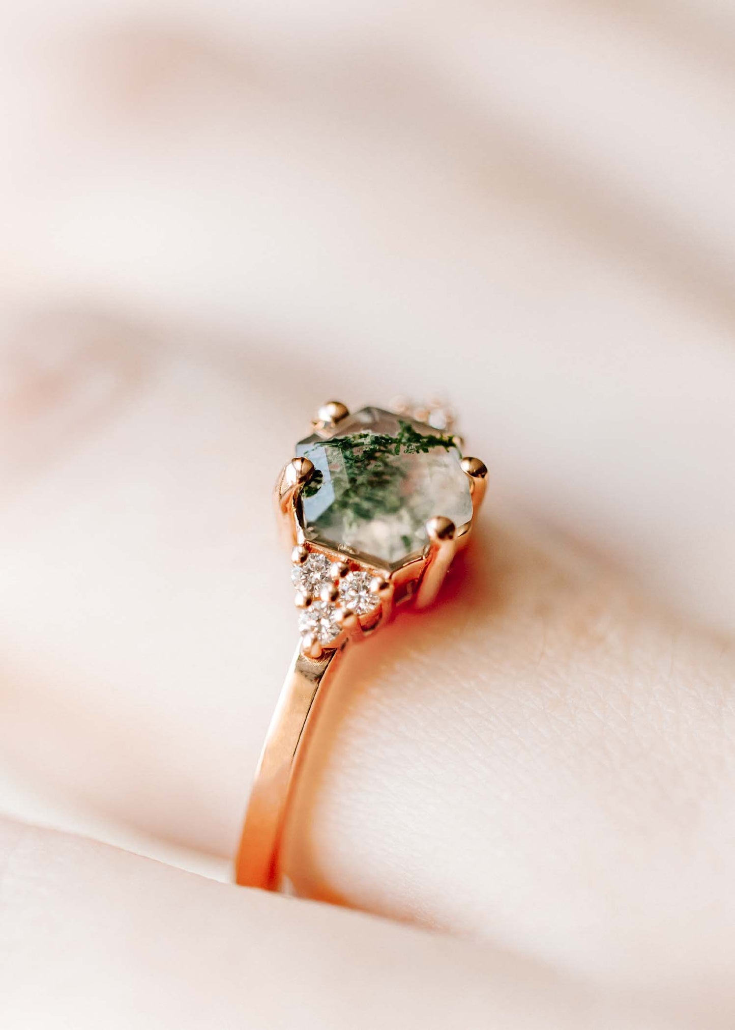 The Calisto | .69ct Hexagon Moss Agate | Rose Gold