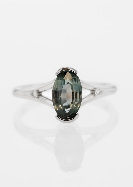 moval sapphire engagement ring, 14k white gold engagement ring, modern half bezel engagement ring, split shank sapphire ring, non-traditional bridal ring, contemporary engagement ring, ethical sapphire ring, gemstone engagement ring