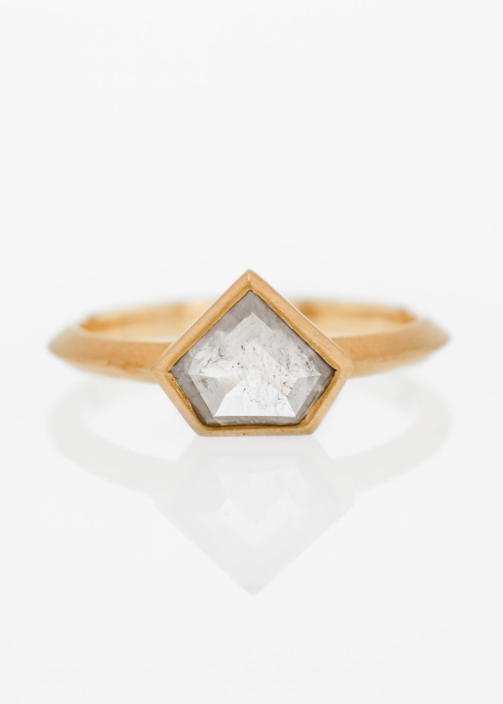 shield cut salt and pepper diamond ring, matte gold engagement ring, The Leda setting, modern bezel engagement ring, alternative bridal jewelry, non-traditional diamond ring, minimalist engagement ring, ethical salt and pepper diamond