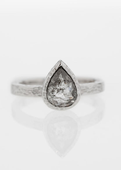 pear salt and pepper diamond ring, white gold engagement ring, hammered band bezel ring, the Leda setting, alternative bridal ring, minimalist engagement ring, ethical diamond ring, unique pear cut ring