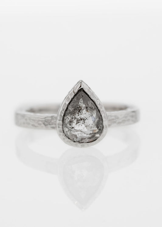 pear salt and pepper diamond ring, white gold engagement ring, hammered band bezel ring, the Leda setting, alternative bridal ring, minimalist engagement ring, ethical diamond ring, unique pear cut ring