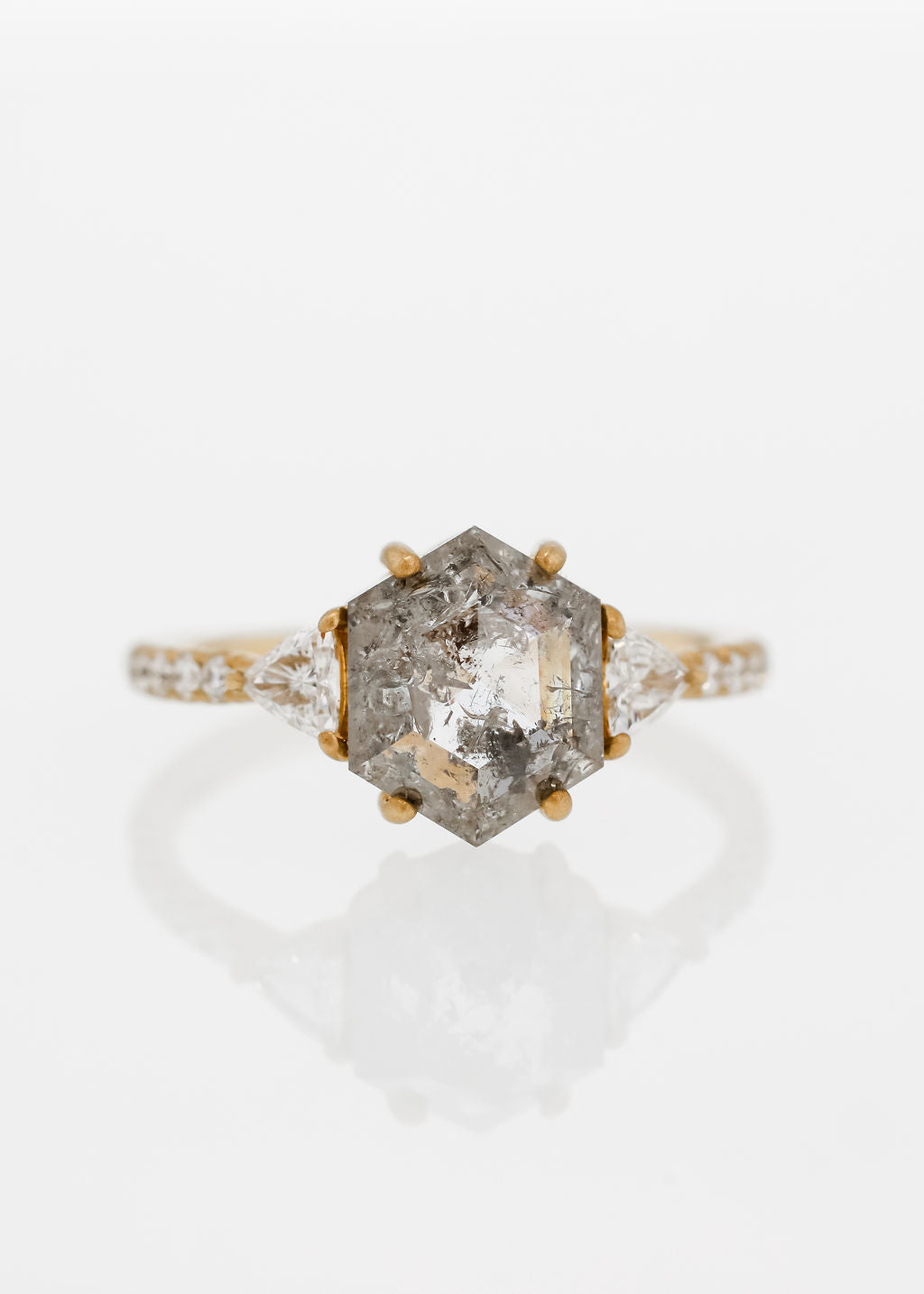 hexagon salt and pepper diamond ring, 18K yellow gold engagement ring, unique solitaire setting, trillion diamond ring, geometric engagement ring, modern alternative bridal jewelry, ethical salt and pepper diamond