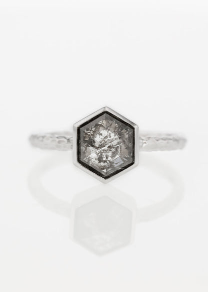 salt and pepper diamond engagement ring, bezel set engagement ring, modern hexagon diamond ring, The Leda setting, white gold hammered band ring, non-traditional engagement ring, sculptural bridal jewelry, ethical diamond ring