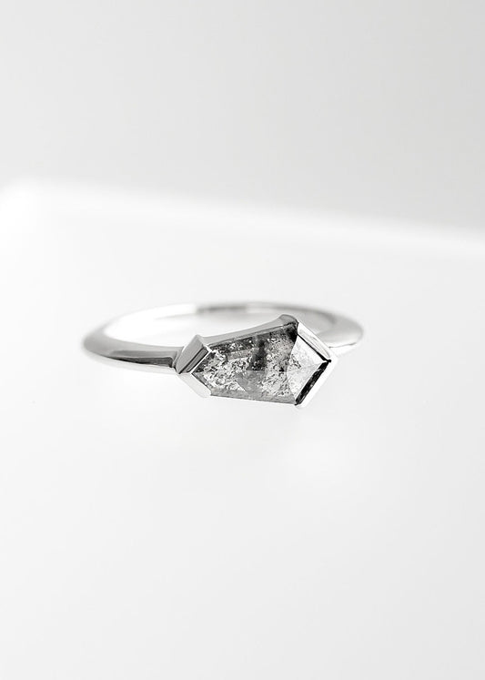 Minimalist white gold engagement ring featuring a distinctive salt and pepper diamond cut into a unique kite shape, set in a sleek bezel setting. The clean lines and modern design of the ring are highlighted against a pure white background, emphasizing the gemstone's natural, speckled inclusions and contemporary elegance.