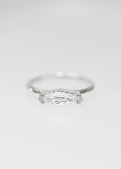 Minimal east west step marquise natural diamond engagement ring in 14K white gold with half bezel setting