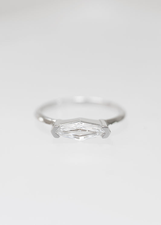 Minimal east west step marquise natural diamond engagement ring in 14K white gold with half bezel setting