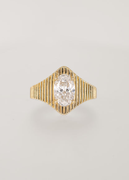 Unique fluted oval cut lab grown diamond signet engagement ring in 14K yellow gold with a four prong north south setting
