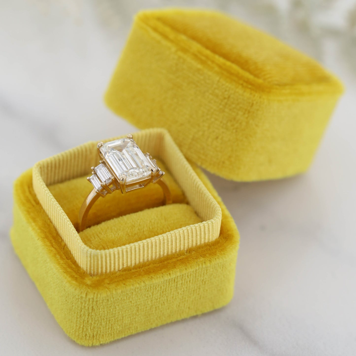 The Lyra | 14k | White | Size 7.5 | Stone MOS134 | Yellow Ring Box | Custom Engraving:  +$0