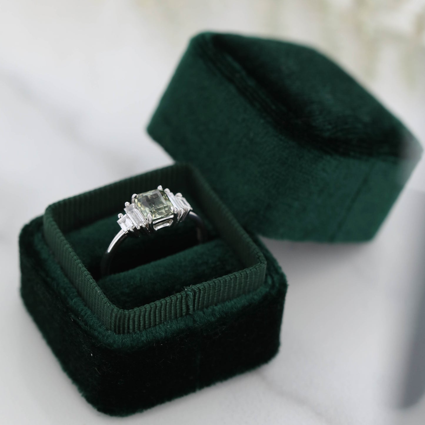 The Estelle | 18k | White | Size 12 | Stone EM36 | Green Ring Box | Custom Engraving:  +$0