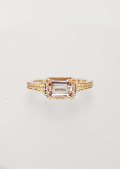 Vintage engraved east west emerald cut champagne diamond engagement ring in 14K yellow gold with milgrain and wheat detailing