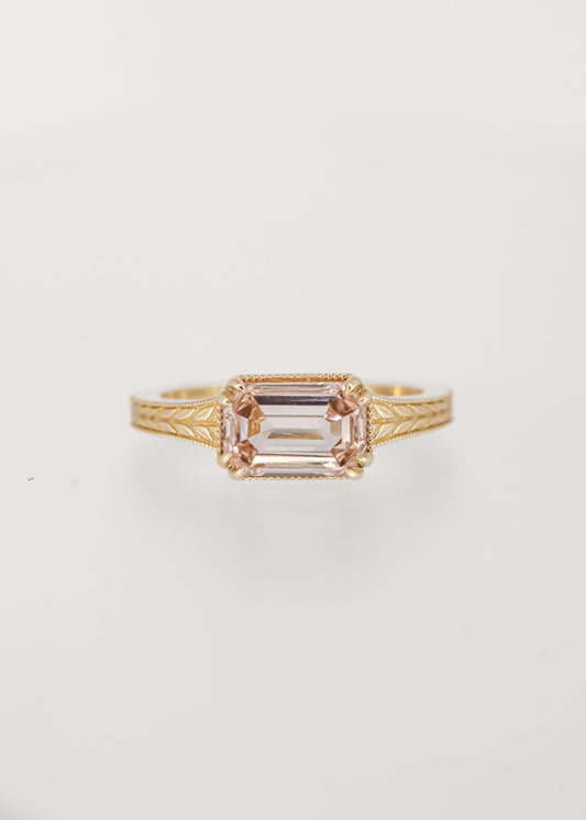 Vintage engraved east west emerald cut champagne diamond engagement ring in 14K yellow gold with milgrain and wheat detailing