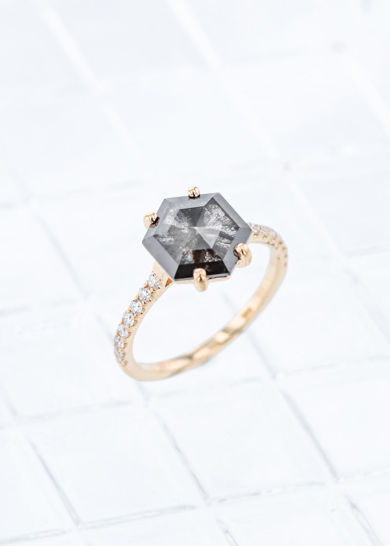 The Aurora Ring | 1.69ct Hexagon Salt and Pepper Diamond | Yellow Gold