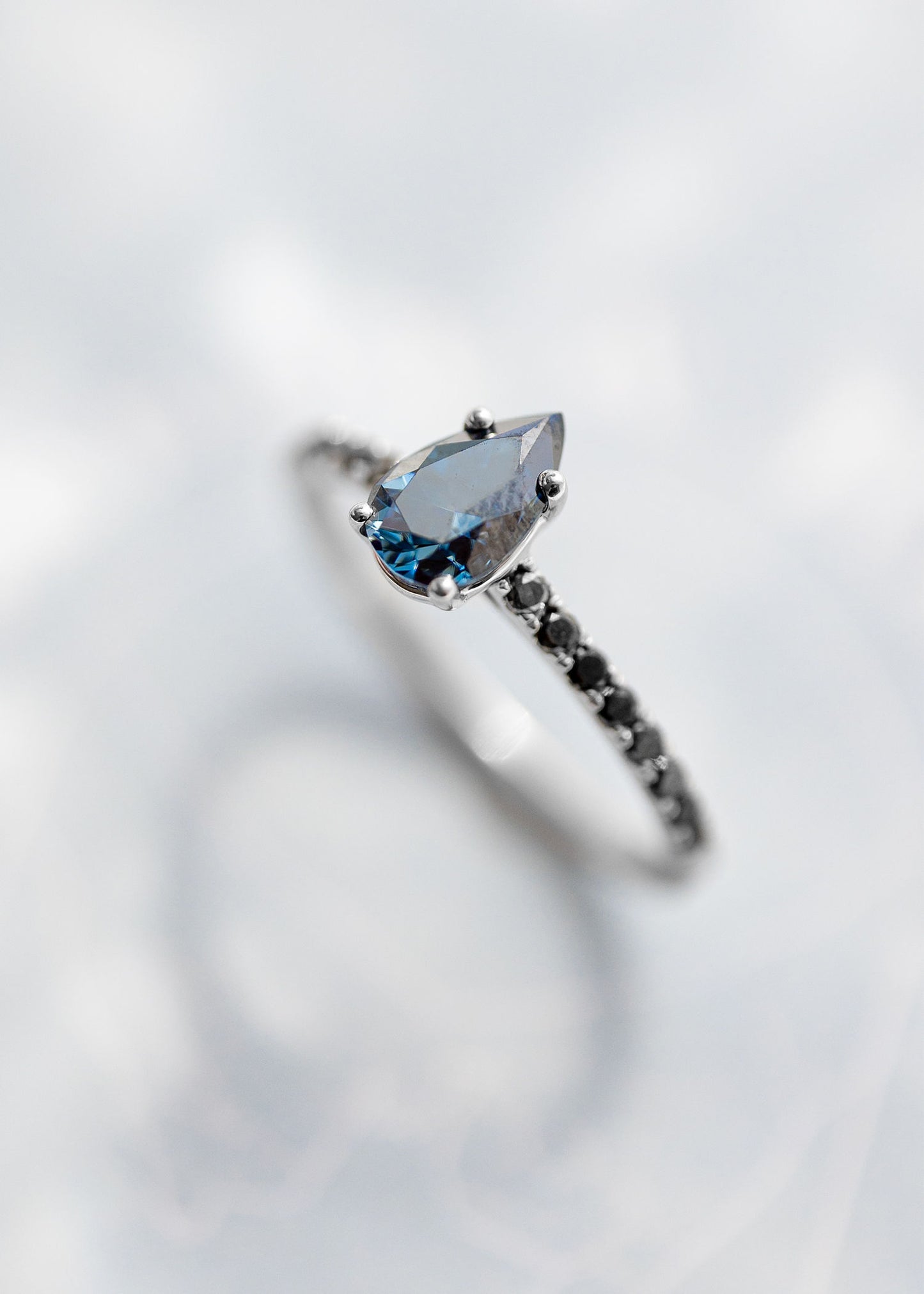 The Jett Ring | .77ct Pear Shaped Blue Moissanite | White Gold