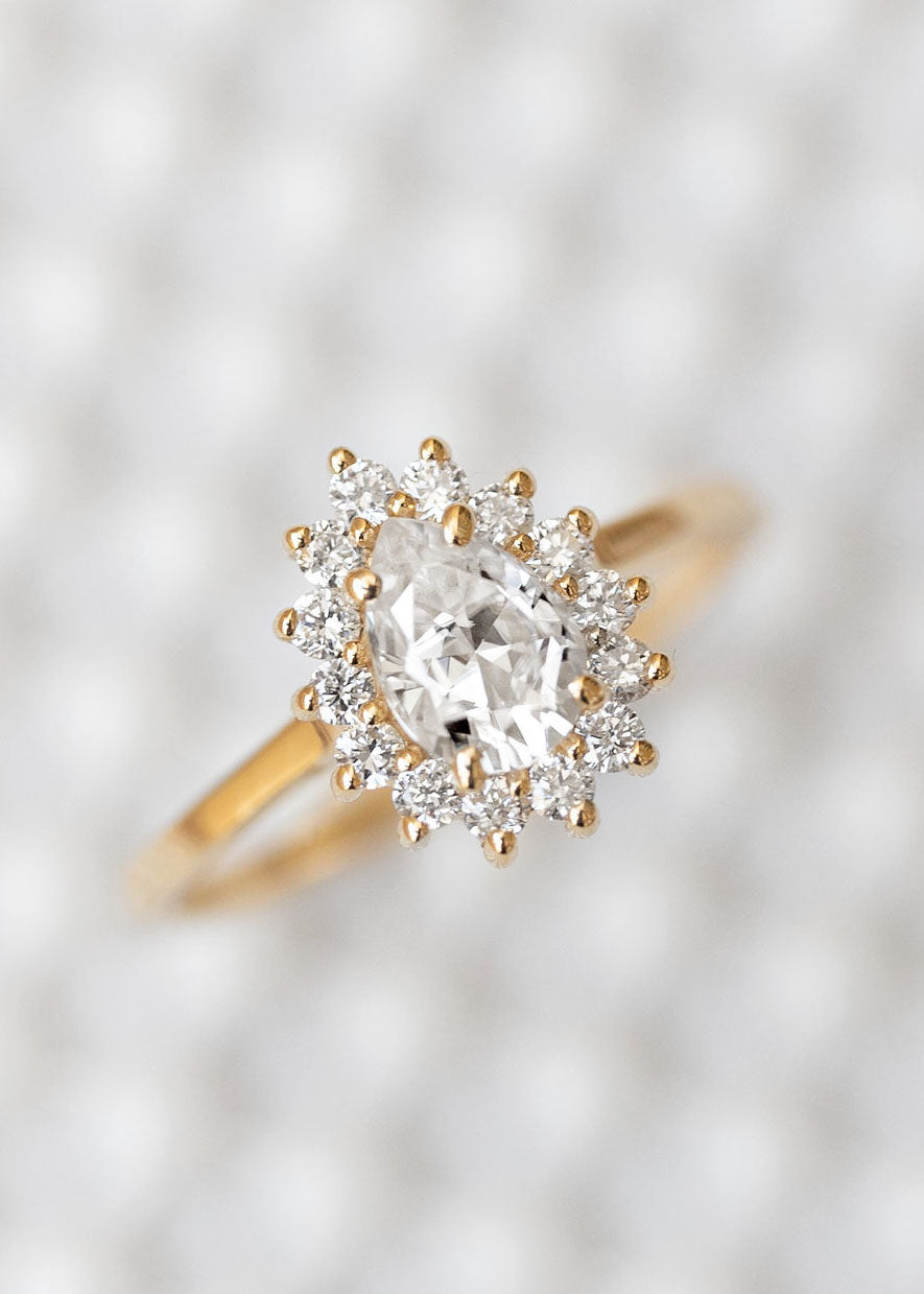 The Soleil Ring | .69ct Pear Moissanite | Yellow Gold