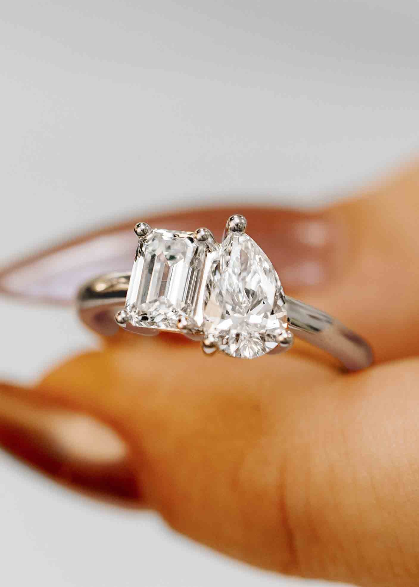 The Vela Ring | 1.03ct Lab-Grown Emerald Cut + 1.02ct Lab-Grown Pear | White Gold